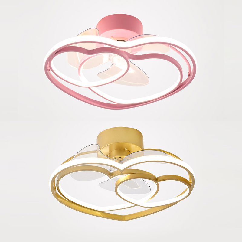 Heart Shaped Semi Flush Mount Fan Lamp Cartoon Metal Bedroom LED Ceiling Fan with Light