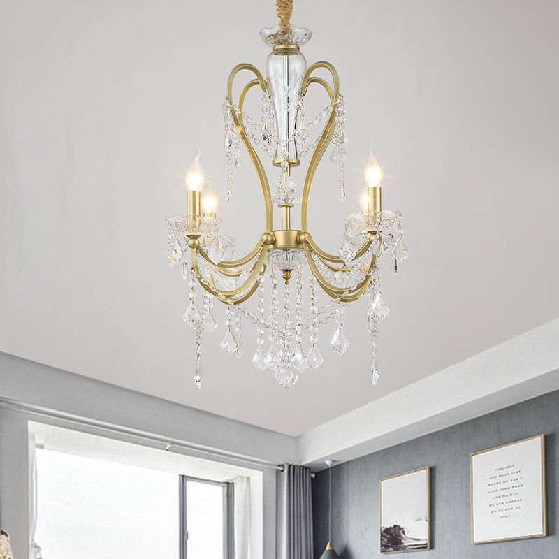 Gold Candlestick Chandelier Light Rural Beveled Crystal 4/6 Heads Bedroom Suspension Lighting