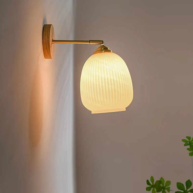 Modern Glass Shade Wall Light Fixture Wooden Wall Light Sconce for Bedroom