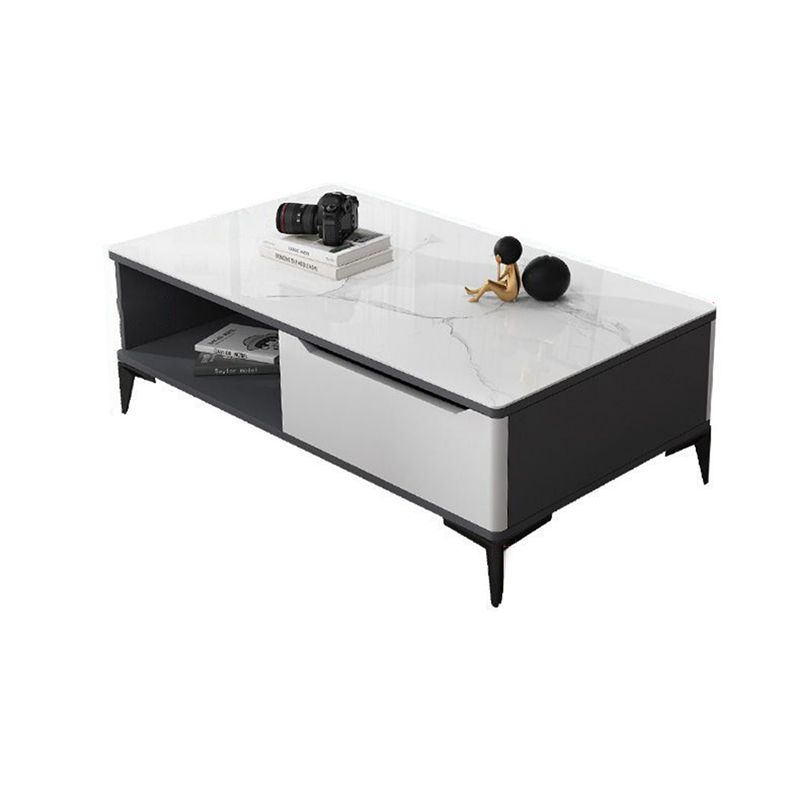 Stone 4 Legs Cocktail Table Rectangle Single Coffee Table with Drawer