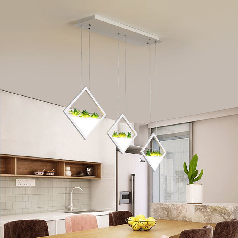 Witte 3-rhombus Suspensie Licht Modernisme Led Acryl Cluster Pendant Lamp met Plant Deco in warm/wit licht