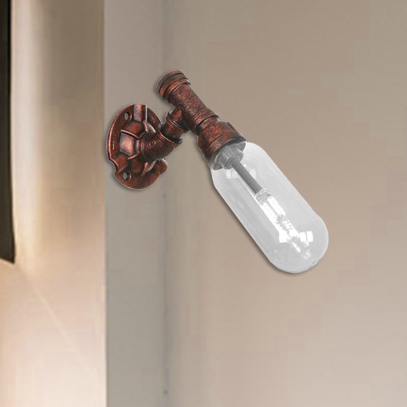 1 Bulb Wall Light Capsule Clear Glass Loft Dining Room Sconce Lighting Fixture in Weathered Copper with Pipe Design