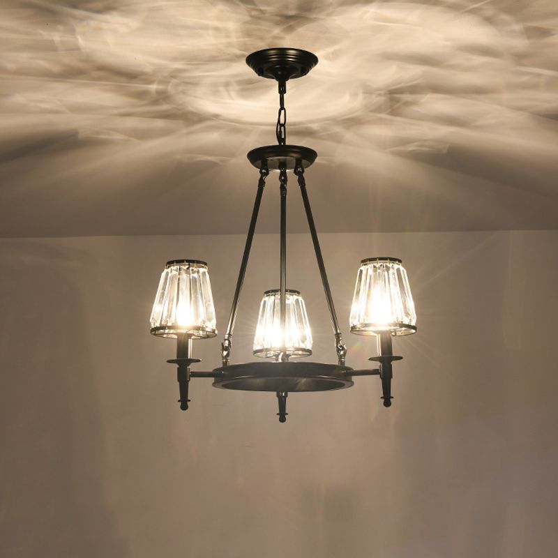 Faceted Crystal Hanging Lamp Kit Classic Conic Living Room Chandelier Lighting with Metal Ring Design