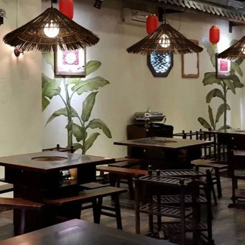 Cone Shaped Restaurant Pendant Lighting Fixture Rattan Asian Hanging Ceiling Light