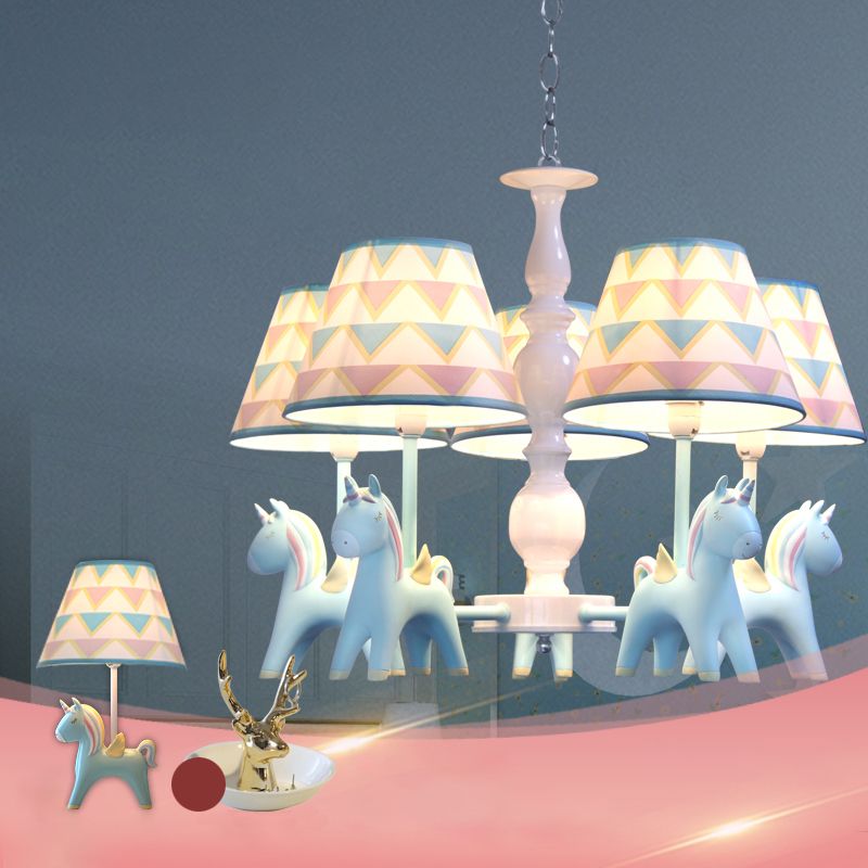 Tapered Shade Child Room Suspension Light Patterned Fabric Kids Chandelier Light with Decorative Unicorn