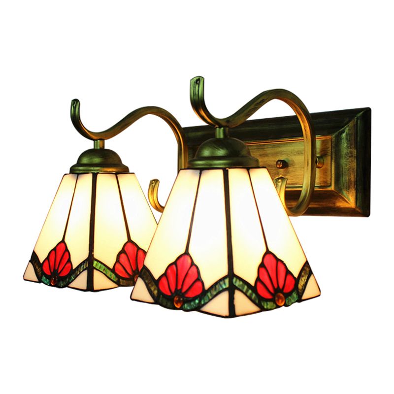 Craftsman Pyramid Wall Sconce Stained Glass 2 Lights Art Deco Wall Lighting with Rectangle Backplate for Bathroom