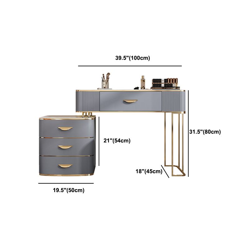 Solid Wood Drawers Vanity Set with Stone Top & Padded Stool in Grey