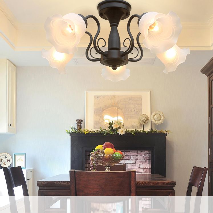 Country Style Floral Semi Flush Mount Frosted White Glass Ceiling Lamp for Dining Room