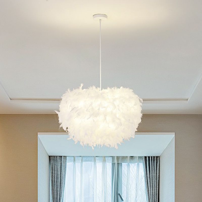Minimalistic Hemisphere Suspension Light Feather Living Room Pendant Light Fixture in White