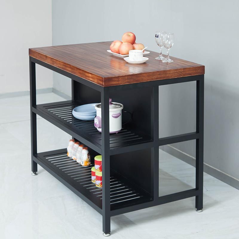 Industrial Stationary Kitchen Island Table Wood Kitchen Island Table with Open Storage