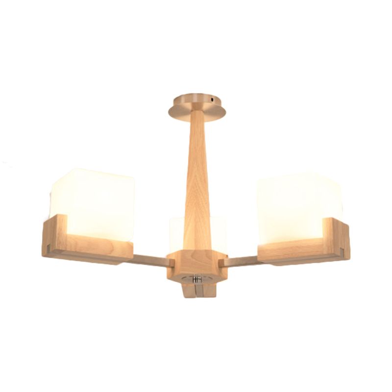 Wood Radial Semi Flush Mount Lighting Modern 3/5/8 Lights Beige Semi Flush Ceiling Lamp Fixture with White Glass Rectangle Shade