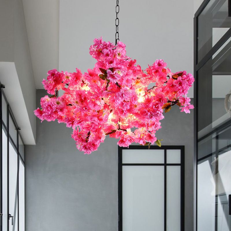 5 Lights Cherry Blossom Chandelier Industrial Pink Metal LED Pendant Light for Restaurant