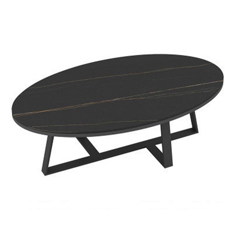 Glam Oval Stone Top Coffee Table with Iron Cross Base 17.71" High