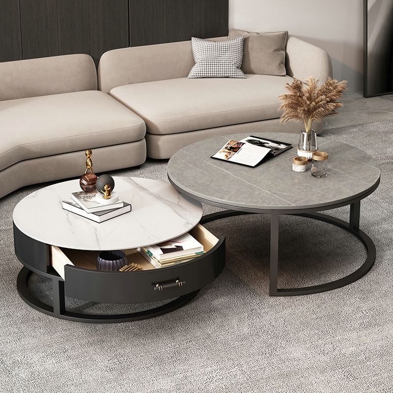 Stone Round Contemporary Cocktail Table Frame Nesting Coffee Table Set