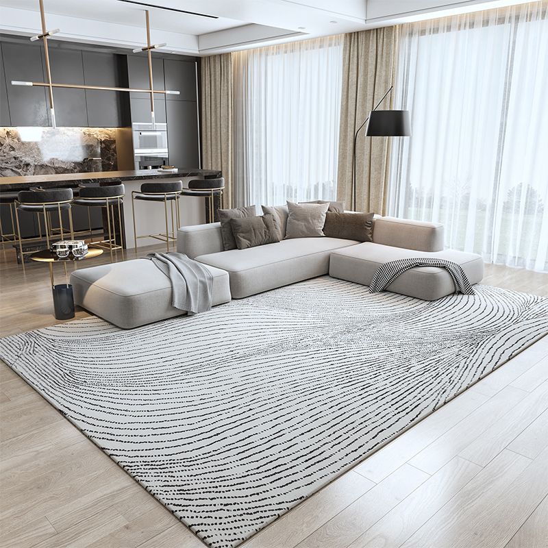 Grey Living Room Area Carpet Stripe Pattern Polyester Area Rug Modern Stain Resistant Rug