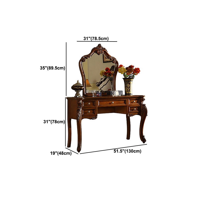 18.89" Wide Brown Vanity Set with Mirror Glass Make-up Vanity with 5 Storage Drawers