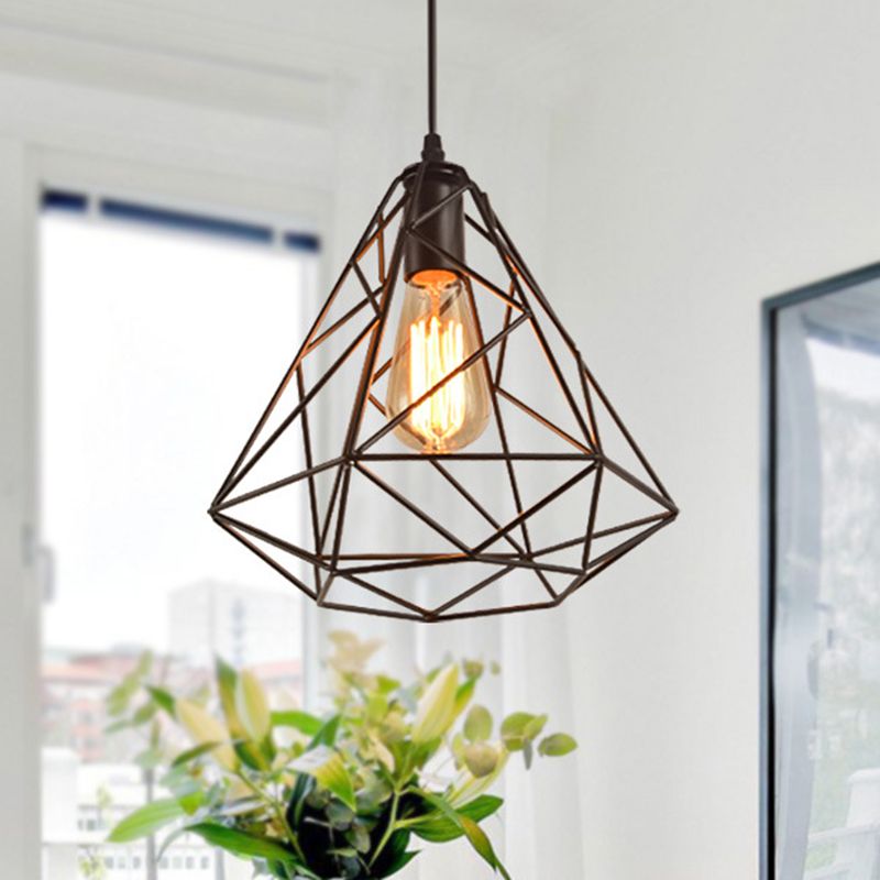 Metal Diamond Cage Pendant Lighting Vintage Style Dinning Room Hanging Pendant Light in Black