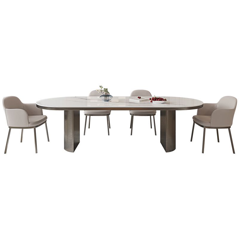 Oval Sintered Stone Dining Table Modern Table in White with Double Pedestal