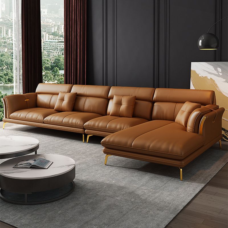 Luxurious Pillow Back Sectional Genuine Leather Flared Arm Sectional