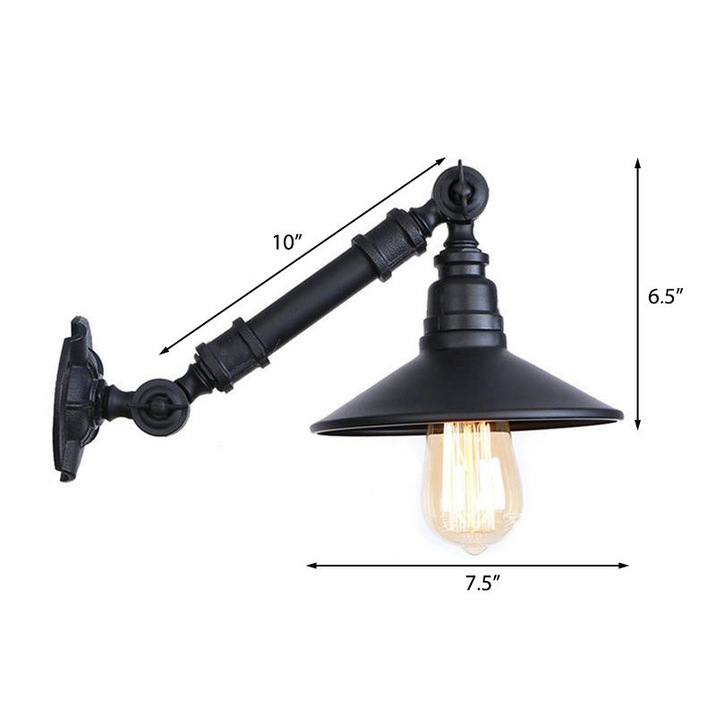 Metal Conical Wall Mounted Light with Adjustable Arm Retro Industrial 1 Head Corridor Sconce Lamp in Black