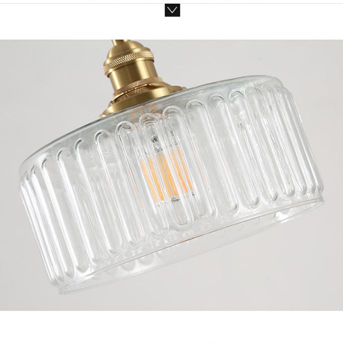 Vintage 1 Light Pendant Lamp Clear Ribbed Glass Drum Pendant Lighting for Living Room
