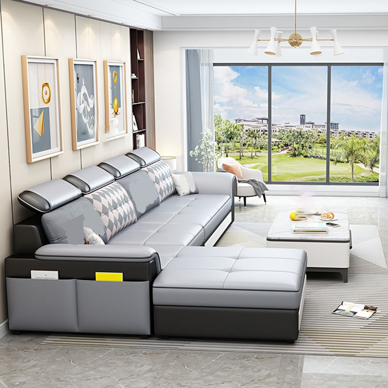 Scandinavian Faux Leather Sectional Sofas Grey L-Shape Modular Sleeper Sectional