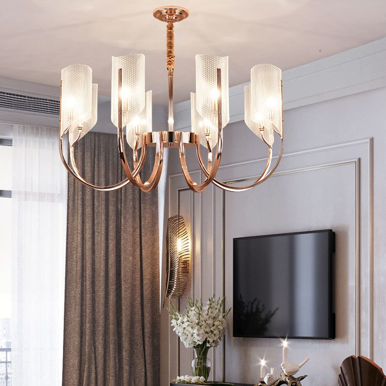 Araña de araña de estilo posmoderno de oro rosa con textura de diamante de brazo de ángulo ajuste de iluminación de sombra acrílica para sala de estar