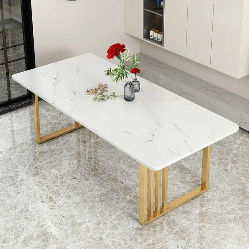 Glam Stone Dining Table Rectangle Iron Table with Double Pedestal Table