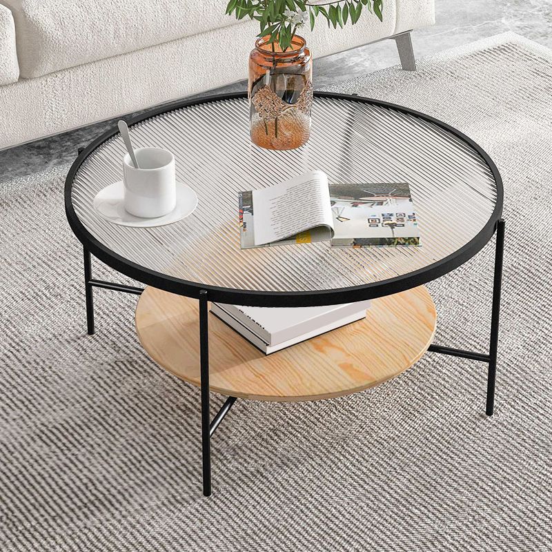 Contemporary 4 Legs Round Glass Top with Storage Shelf Single Coffee Table