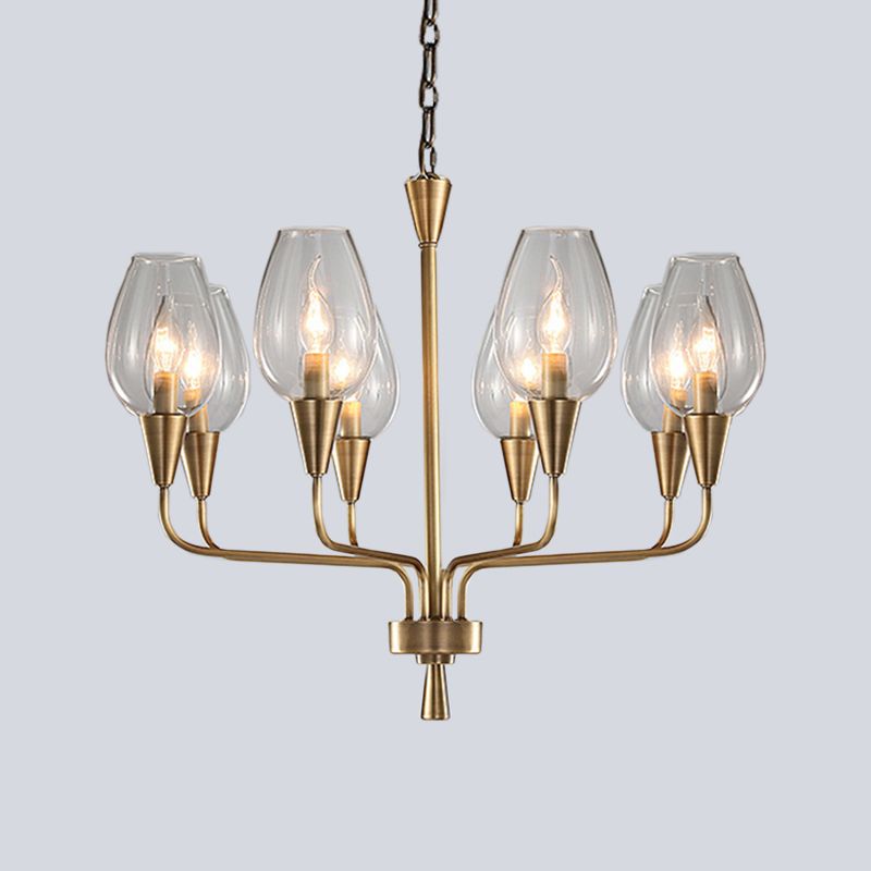Clear Glass Cup Hanging Lighting Modernism 8-Head Pendant Chandelier in Brass with Curved Arm