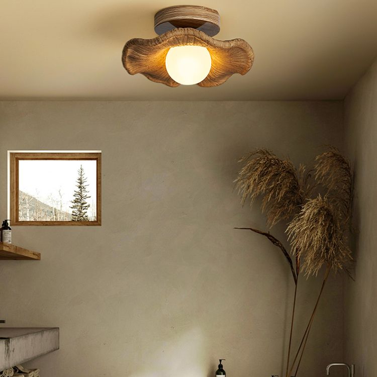 Modern Globe Flush Light Fixture Wood 1 Light Flush Mount Ceiling Fixture in Brown