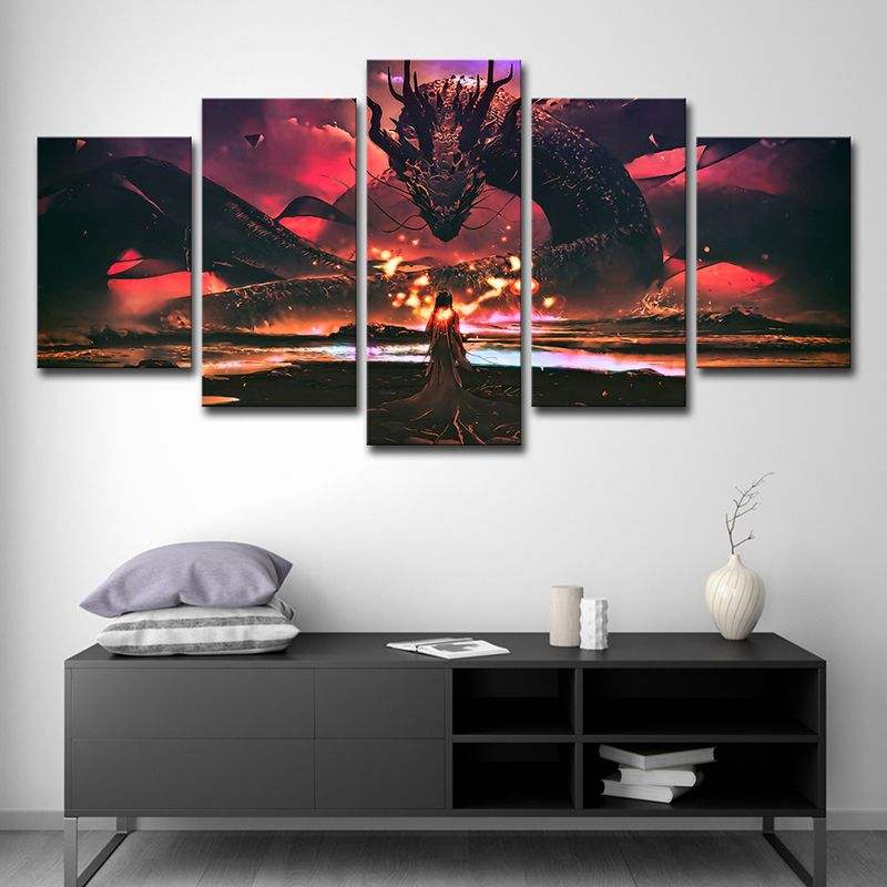 Kids Style Wall Art Red Digital Print Girl and the Devil Dragon Canvas for Boys Room