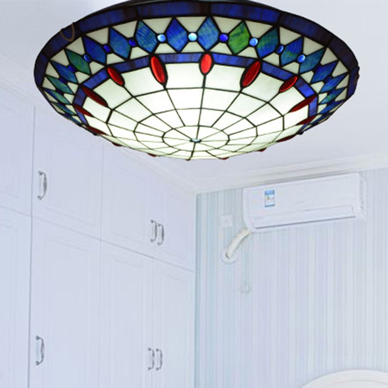 Mediterranean Jeweled Round Ceiling Light Handcrafted Glass Flush Mount Light Fixture for Bedroom