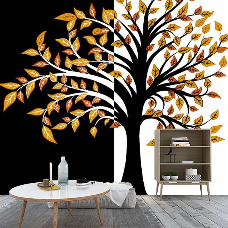 Art Deco Fall Tree Mural Decals Orange-Black Waterproof Wall Covering for Living Room