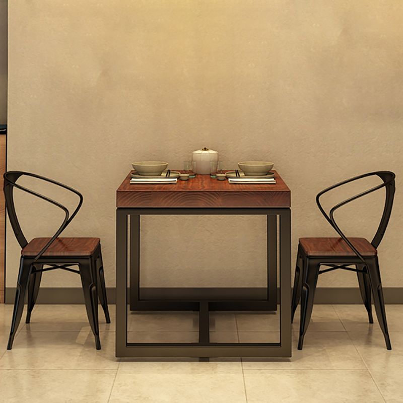 Solid Wood Top Dining Table Industrial Square Black Iron Trestle Base Table
