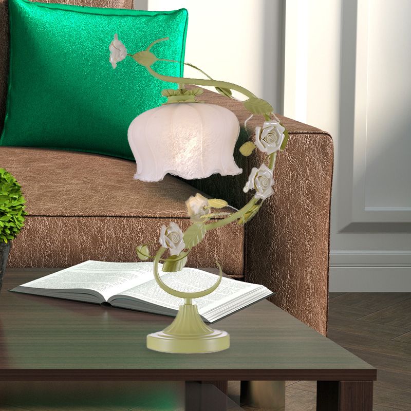 Metal Green Night Table Lamp Floral 1 Bulb Countryside Nightstand Lighting for Bedroom