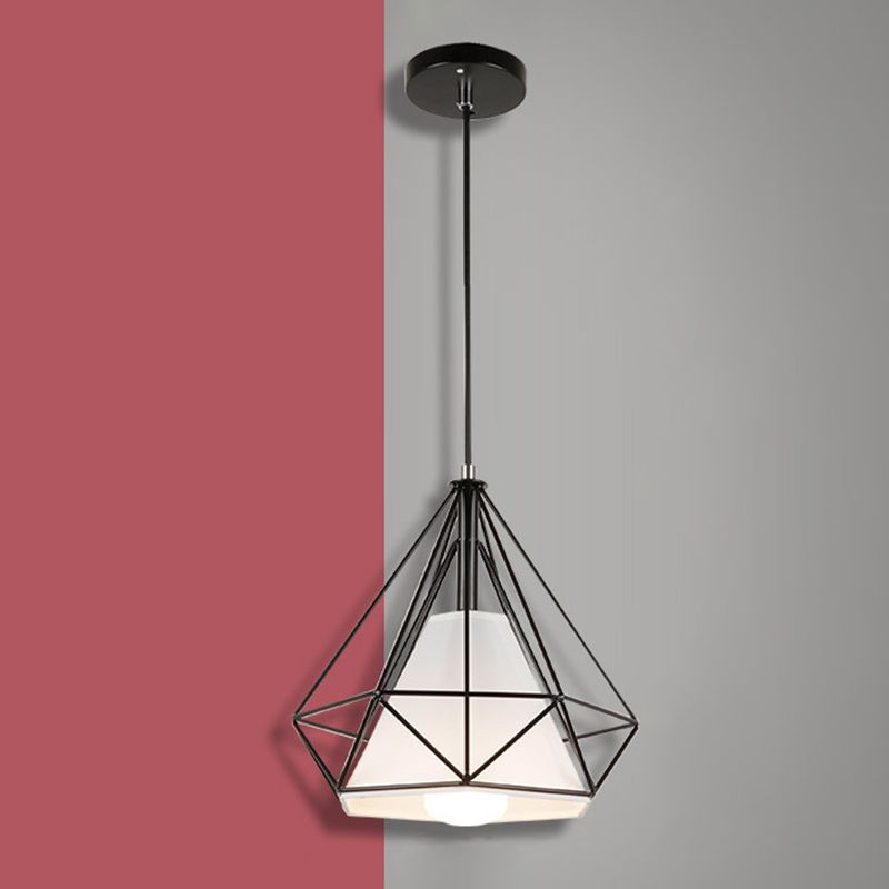 1-Light Diamond Cage Pendant Ceiling Lights Industrial Hanging Light Fixtures with Fabric Shade