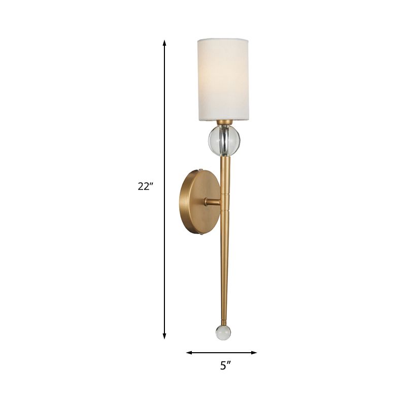 Fabric Cylindrical Wall Mount Light Modern 1 Bulb Living Room Sconce Light with Clear Crystal Accent in Gold