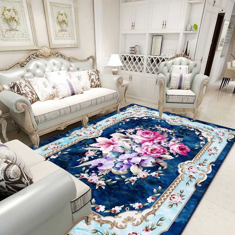Blue Tone Modern Area Carpet Polyester Floral Printing Indoor Rug Easy Care Carpet for Home Decoration