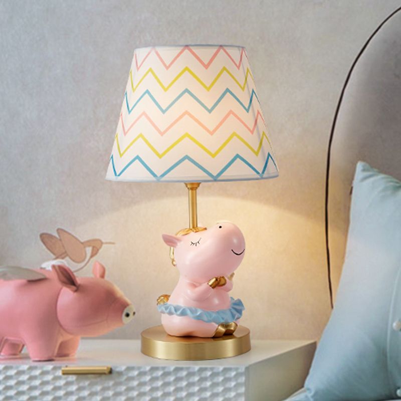 Pink Horse Table Light Cartoon 1 Bulb Resin Night Stand Lamp with Wave-Printed Fabric Lampshade
