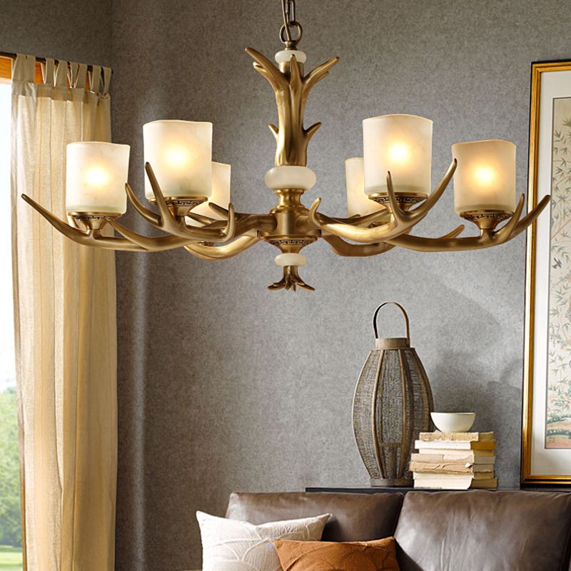 Multi-Head Chandelier Light Fixtures Rustic Antler Chandelier Pendant Lamp with White Glass Shade
