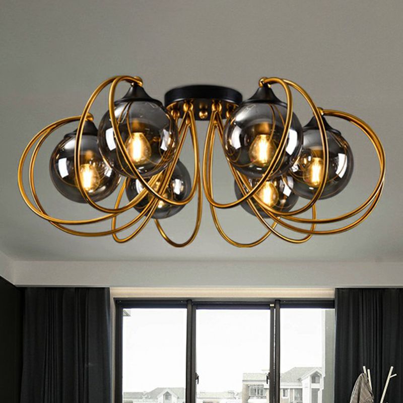Brass Finish Floral Semi-Flush Ceiling Light Postmodern Glass Flushmount Lighting for Living Room