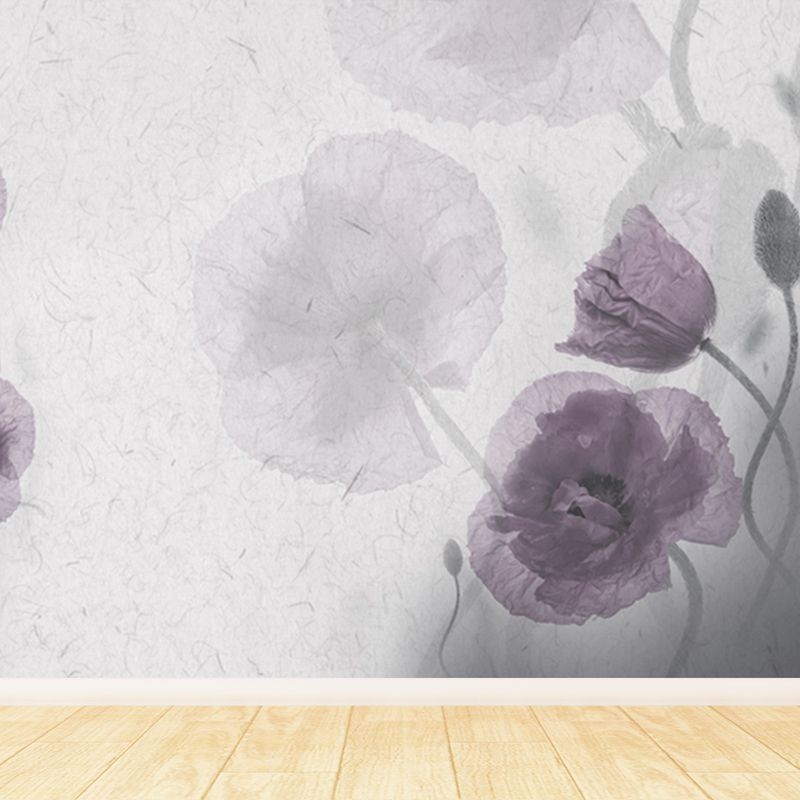 Purple Flower Mural Decal Washable Modernist Bedroom Wall Covering, Custom Printed