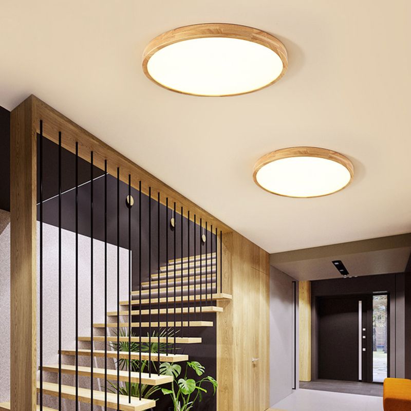 Round Flush Light Fixtures Modern Style Wood 1 Light Flush Mount Lights
