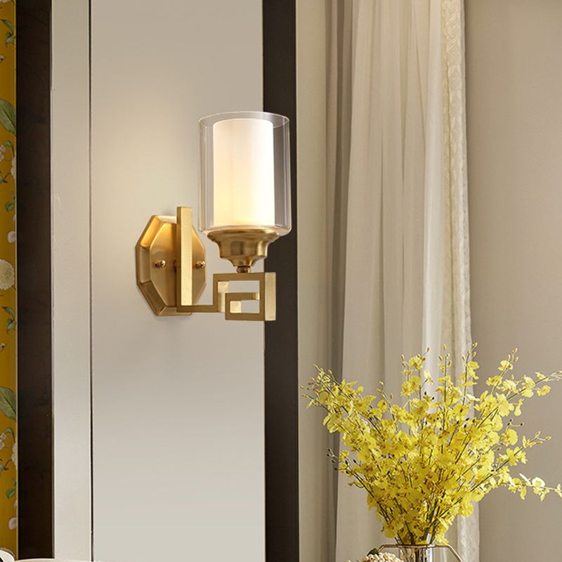 Cylinder Clear Glass Wall Sconce Modern Stylish 1 Light Living Room Wall Mounted Lighting in Brass