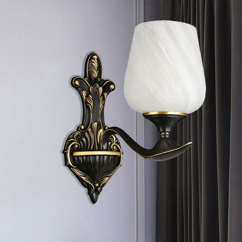Milky Glass Cup-Like Wall Lamp Traditional 1/2-Light Bedside Wall Lighting Fixture in Black and Gold