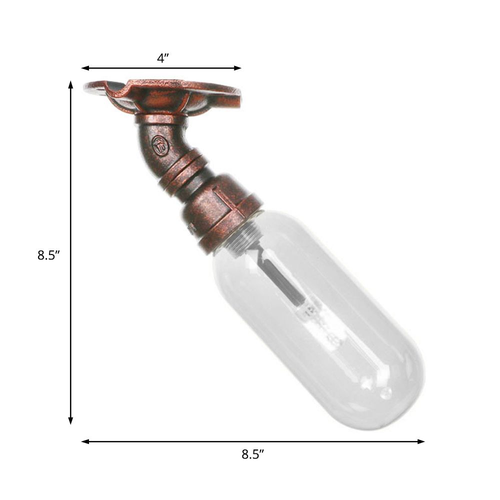 1 Light Ceiling Light Fixture Oval Shade Clear Glass Industrial Bathroom Semi Flush in Weathered Copper with Pipe Design