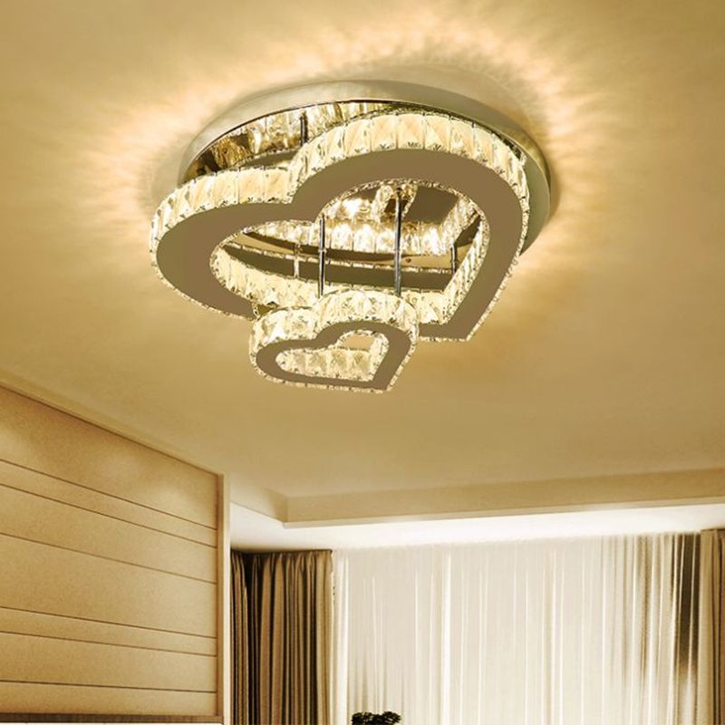 Heart-Shape Bedroom Ceiling Lighting Crystal Block LED Minimalist Semi Flush Mount in Chrome, Warm/White Light