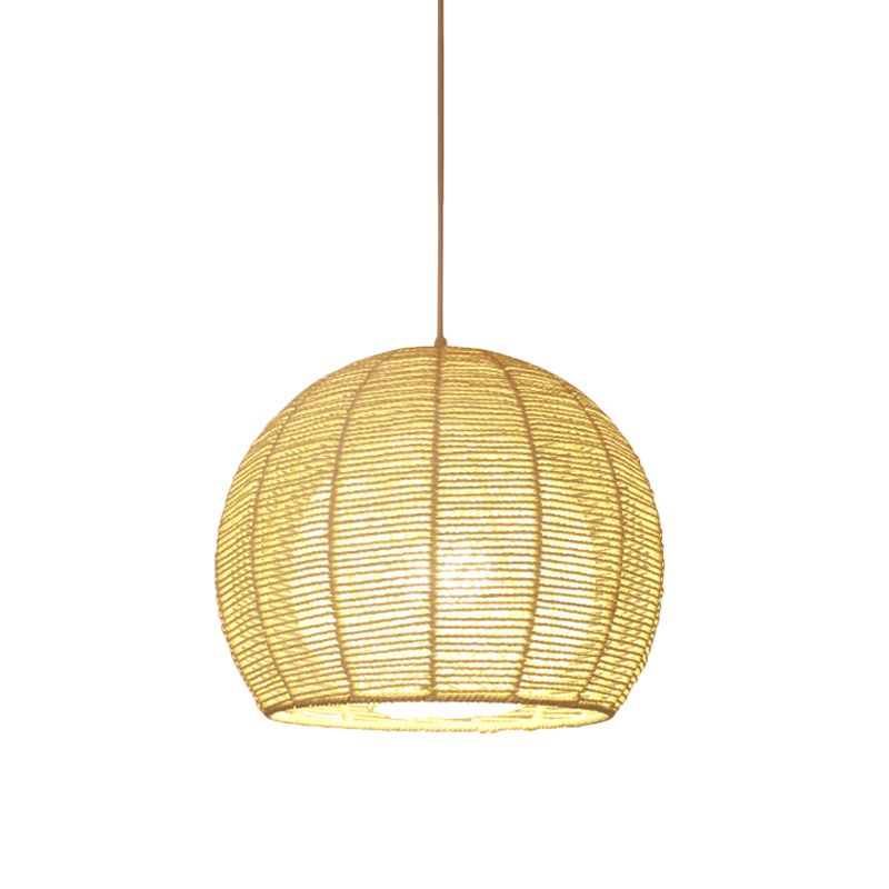 Chinese 1 Head Ceiling Lamp Beige Sphere Hanging Light Fixture with Bamboo Shade