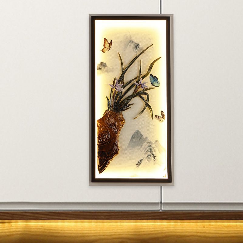 Butterfly-Mountain Landscape Mural Light Asian Aluminum Guest Room LED Wall Mount Lighting in Black